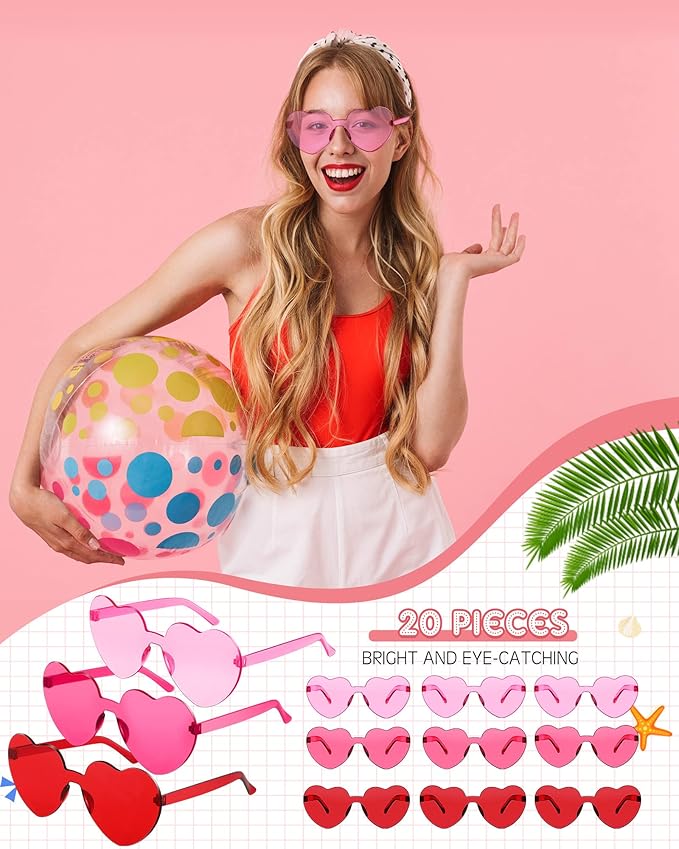 Frienda 20 Pairs Heart Shaped Sunglasses Rimless Candy Color Glasses for Women Men Party Favor