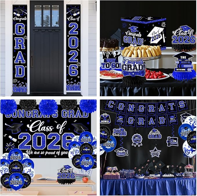 Graduation Decorations Class of 2026,Blue Graduation Decorations 2026- Congrats Grad Decorations Banner ＆ Hanging Swirls,Graduation Card Box,Paper Pompoms,Balloons,Porch Sign for College Grad Party