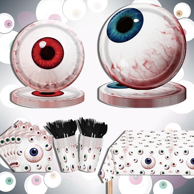 Halloween Party Supplies Decoration Set, 141 Pieces Includes Plates, Napkins, Cups, Tablecloth and Tableware for Halloween Horror Theme Party Decorations, Serves 20 ( Eye Ball )