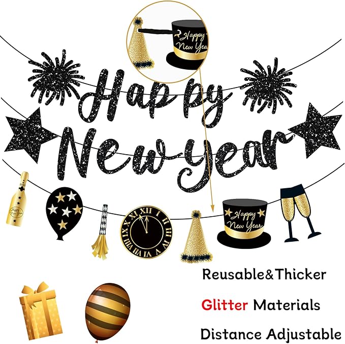 Happy New Year Banner Black New Years Decorations 2026 Glitter Pre-Strung New Year Eve Sign for NYE Party Supplies