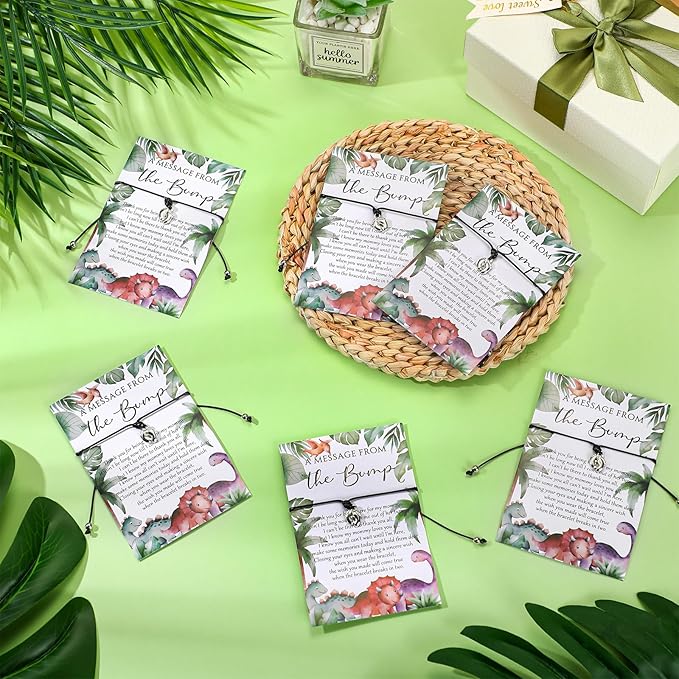 Thyle 50 Set Dinosaur Baby Shower Favors for Guests Adjustable Bracelets with Message from the Bump Card Footprints Charm Baby Shower Bracelets for Gender Reveal Thank You Gifts
