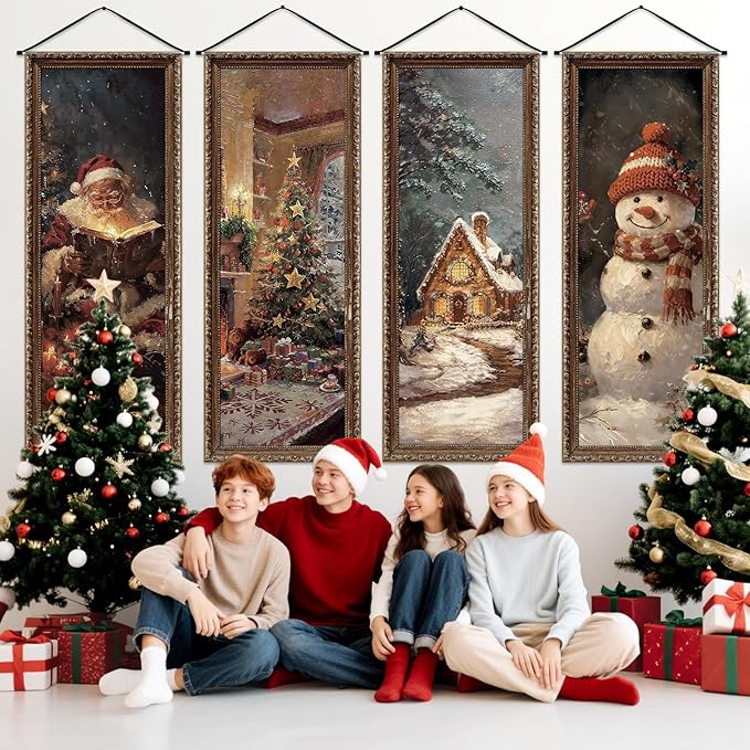 Panelee 4 Pcs Vintage Christmas Porch Banners Retro Snowman Santa Winter Rustic Xmas Tree Stretching Portraits Wall Decorations Christmas Porch Sign Backdrop for Xmas Indoor Outdoor Wall Hanging Decor