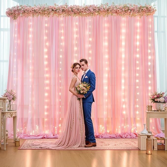 10ft x 10ft Baby Pink Backdrop Curtain with Lights String for Parties,2 Panels Sheer Tulle Curtain Wedding Photo Backdrop with Lights for Baby Shower Birthday Party Ceremony Home Decorations