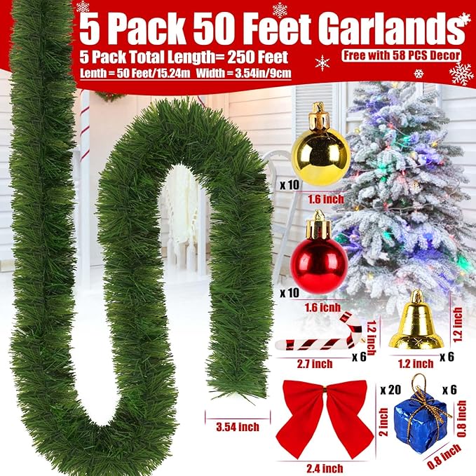 5 Pack 250FT Christmas Green Garland Flower for Christmas and Non-Lit Soft Holiday Decor for Outdoor Indoor Artificial Twist Greenery Garland Home Artificial Wedding Party Decoration
