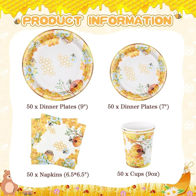 Pickmesh 250 Pcs Bee Party Disposable Tableware Set Paper Plates and Napkins Cups Supplies Tea Party Theme Dinner Dinnerware for Birthday Bridal Baby Shower wedding Decoration Serves 50