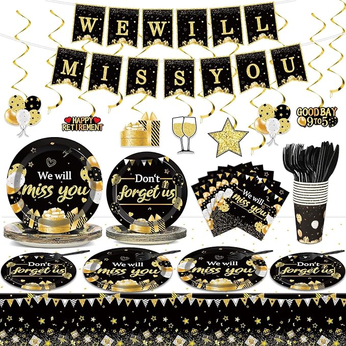 184pcs We Will Miss You Party Supplies Going Away Party Disposable Paper Plates Napkins Cups Tablecloth Swirl Banner Farewell Dessert Cake Dinner Tableware Leaving Retirement Party Decoration Serve 25