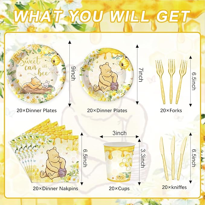 120PCS Classic Winnie Bear Party Supplies for Girls Baby Shower Kids Spring Sweet as Can Bee Neutral Themed Decorations Plates Napkin Cups Tableware Set for 20 Guests