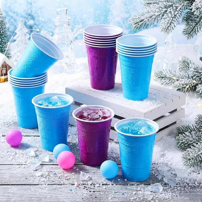 32 Pcs Winter Game Set Include 16oz Purple Blue Plastic Cups with 8 Balls, Cups for Party Decor Juice Beverage Outdoor Toss Veterans Day Supplies