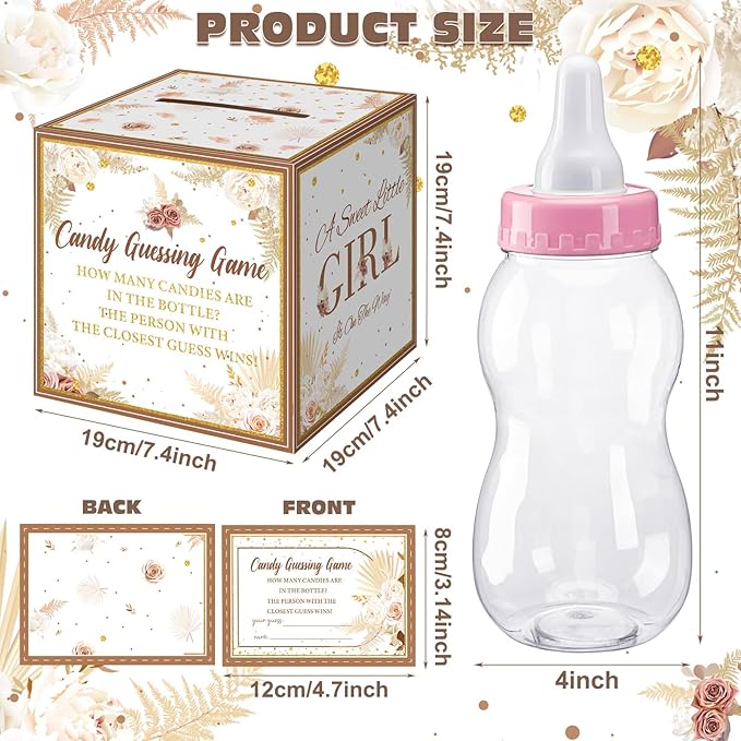 Glenmal 52 Pcs Baby Shower Games Gift Sets Large Baby Bottle for Shower Game Guess How Many Candies Decorations for Gender Reveal(Boho Pampas Grass)