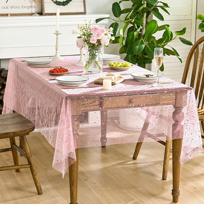 Horaldaily Pink Gold Sparkling Star Gauze Tablecloth 60x120 Inch Rectangular, Pink Star Sequin Glitter Metallic Foil, Sheer Tulle Cheesecloth for Wedding Baby Shower Party