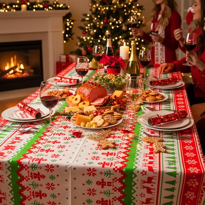 Oudain 3 Pack Christmas Tablecloths, Christmas Party Decoration, Disposable Plastic Tablecloth Rectangle 108 x 54 Inch Elk Snowflake Table Cover White Elephant Themed Decor for Xmas Party
