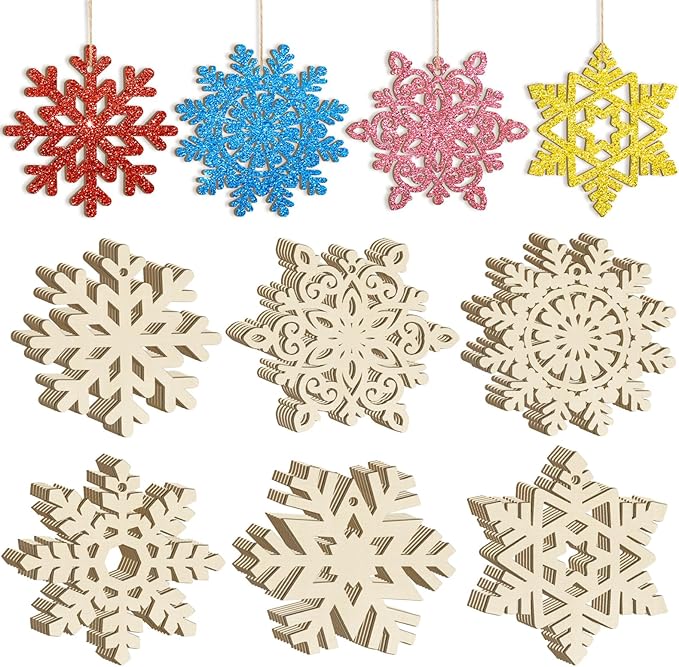 36PCS Wooden Christmas Decoration Snowflake Ornaments to Paint Christmas Ornaments for Tree Crafts Cutouts Unfinished, DIY Blank Fall Unfinished Snowflakes Ornament for Home Hanging