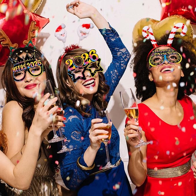 Happy 2026 New Years Glasses - Pack of 8, New Years Eve Party Supplies 2026, New Year Photo Booth Props (Multicolor)