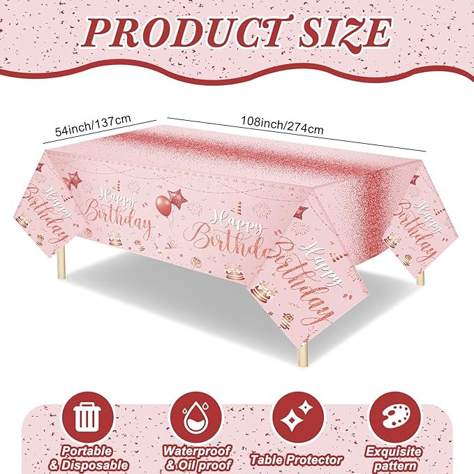Tudomro 3 Pcs Happy Birthday Tablecloths Happy Birthday Party Decorations Plastic Table Cover Rectangular Cloths for Women Men Baby Shower Party Supplies, 108 x 54 Inch (Pink Rose Gold)