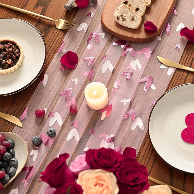Artoid Mode Pink Heart Gauze Table Runner 120 Inch 10FT,Glitter Metallic Foil Valentine’s Day Sheer Dining Anniversary Wedding Table Decor for Home Party