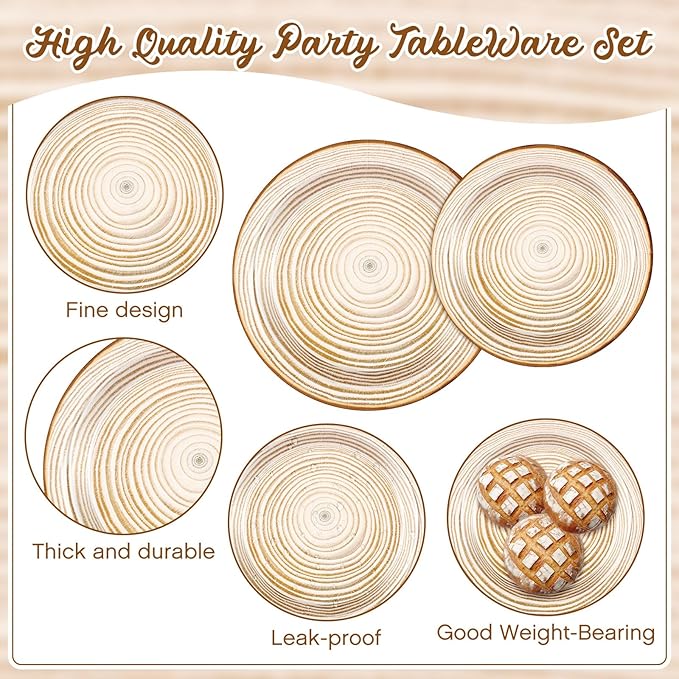 250 Pieces Rustic Wood Grain Party Tableware Set - Disposable Paper Plates, Cups & Napkins for 50 Guests - Lumberjack, Farmhouse, Camping, Forest Theme Birthday Decorations(Apricot)