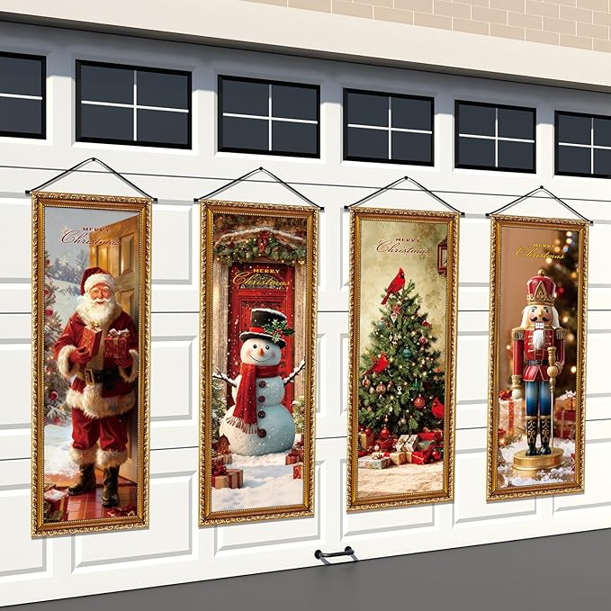 Panelee 4 Pcs Christmas Porch Banners Snowman Santa Nutcracker Xmas Tree Stretching Portraits Wall Decorations Christmas Porch Sign Backdrop for Xmas Indoor Outdoor Wall Hanging Decor