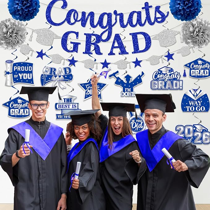 Graduation Decorations 2026, Glitter Congrats Grad Banner Hanging Swirls and Tissue Pom Poms, Silver and Blue Graduation Decorations for Class of 2026 College Graduations Party Decorations