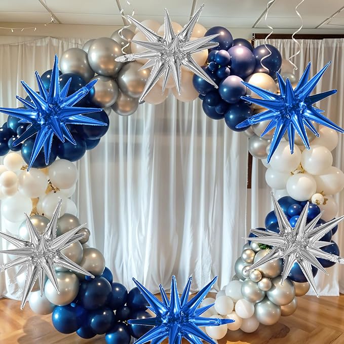 6PCS Blue Silver Star Balloons, 22Inch Large Navy Blue Silver Star Shaped Balloon Foil Spike Balloon Cone Balloons for Graduation Birthday Baby Shower Party Decorations