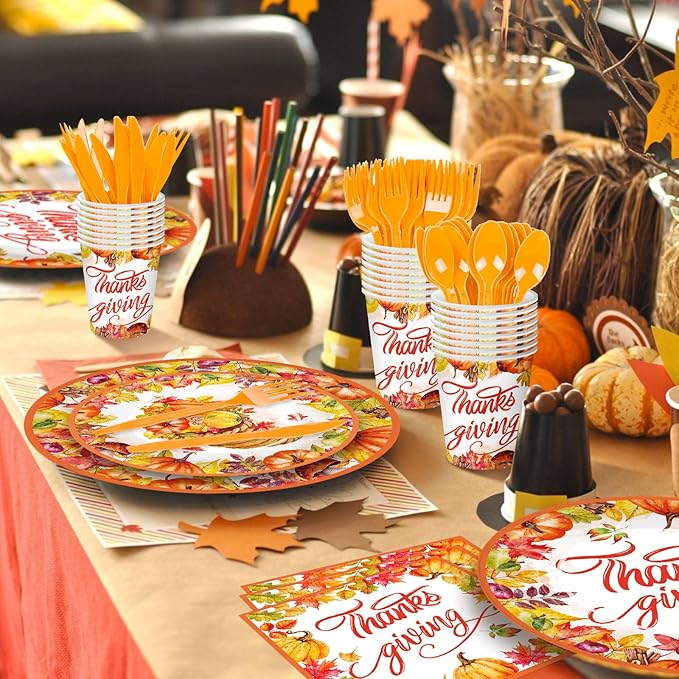 175 Pcs Thanksgiving Tableware Set - Serves 25, Harvest-Themed Disposable Plates, Cups, Napkins, Plastic Forks, Spoons, Knives for Thanksgiving Day Dinner, Fall Party Supplies, Autumn Gatherings