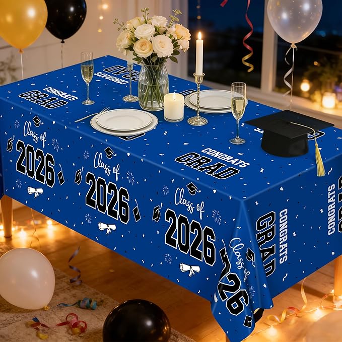 QZYL 4 Pack Graduation Tablecloth, 54" x 108" Blue Graduation Table Decorations 2026, Plastic Table Cloth for Class of 2026 Congrats Grad, Rectangle Disposable Grad Party Decorations Supplies Favors