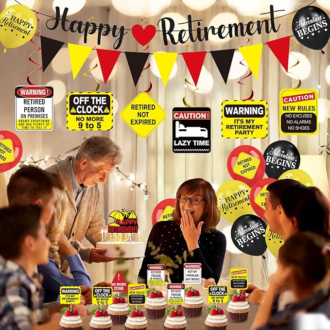 39pcs Funny Retirement Party Decorations for Men Women, Vintage Caution Happy Retirement Banner Balloons Hanging Swirls Pennants Cake Cupcake Toppers Funny Retired Party Supplies for Farewell