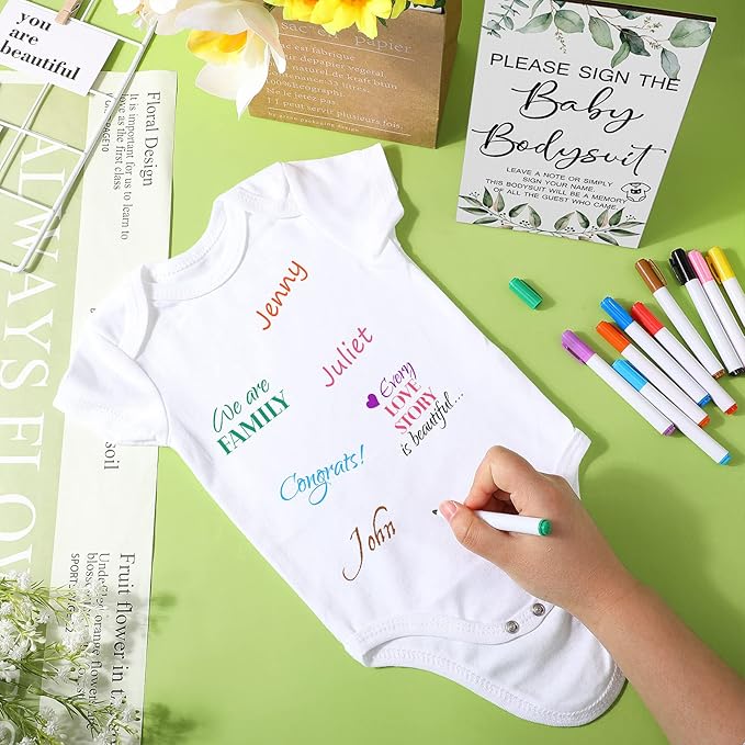 Qunclay 12 Pcs Baby Shower Game Decor with White Unisex Bodysuit Wooden Sign Tabletop Decor and Marker for Guests(Greenery)