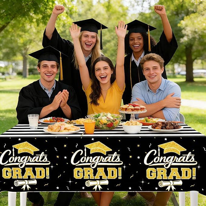 7-Pack Graduation Party Decorations Set, 3 Black Gold Graduation Tablecloths 54x108in, 2026 and Grad Balloons, 2 Foil Fringe Curtains for High School College Graduation Party Photo Booth