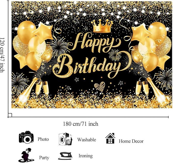 YinQin 180x120 cm Glitter Black Golden Happy Birthday Backdrops Photography Backgrounds Cloth 71x47 inch Bday Party Decorations Black Gold Happy Birthday Sign Banners for Men Women