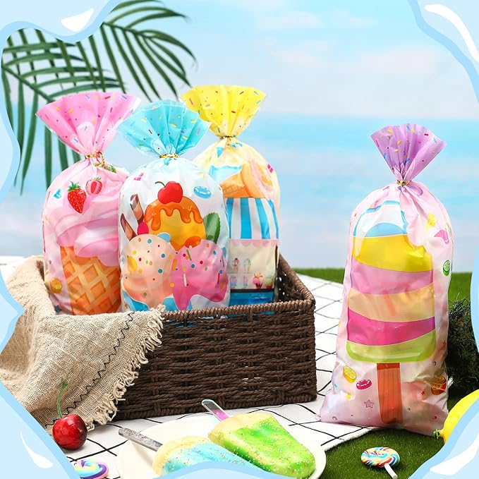Eaasty 120 Pieces Ice Cream Party Favor Bags, 5 x 11 Inch Four Ever Sweet Goodie Bags with Twist Ties Goodie Cello Wrapping for Ice Cream Theme Party, Baby Shower, Weddings, Valentines