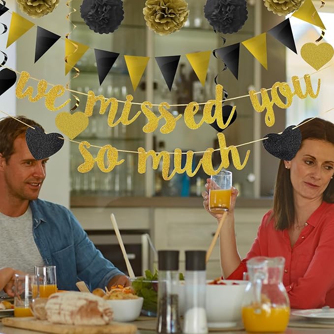 We Missed You So Much Banner, 12Pcs Triangle Flags, 6Pcs Pom Poms Paper Flower Balls, 6Pcs Hanging Swirls Welcome Back Welcome Home Decoration Families Friends Colleague’s Return Celebration Decor Kit