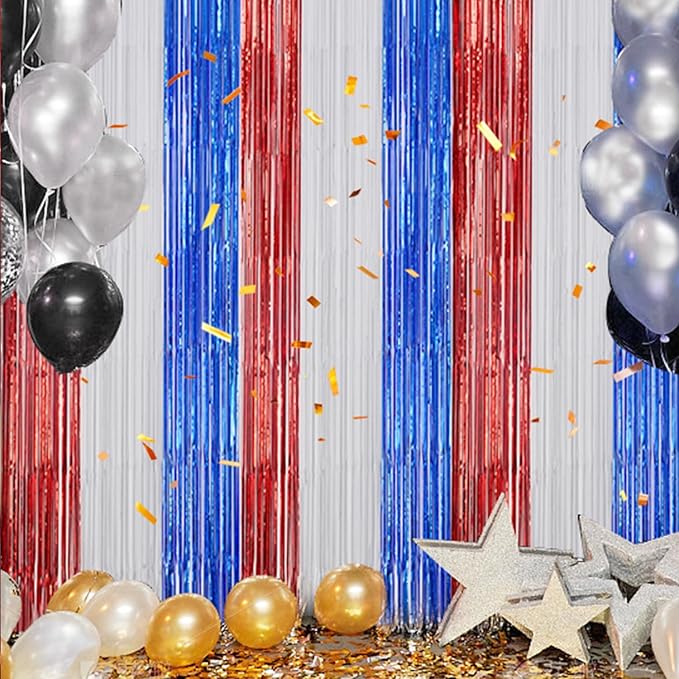 2 Pack Foil Fringe Backdrop - Red&White&Blue Shiny Tinsel Curtains for Party Decoration/Photo Booth Props - 3.3x6.6 FT Metallic Foil Backdrop for Birthday, Wedding, Graduation, Christmas.