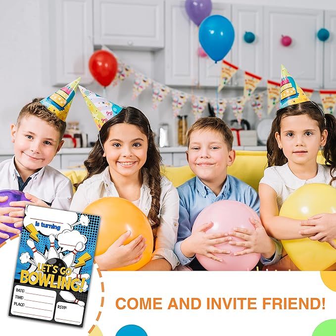 DETIHO 4" x 6" Bowling Birthday Party Invitation Cards With Envelopes - Let's Go Bowling - Fill In Style Party Invitation - 20 Sets - E18