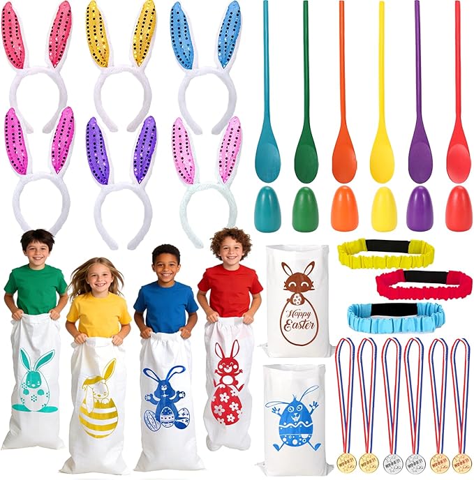 Easter Games for Kids Outdoor, Potato Sack Race Bags, Bunny Ears Headbands, Egg Spoon Relay Races, Legged Relay Race Bands for Easter Eggs Hunt Games