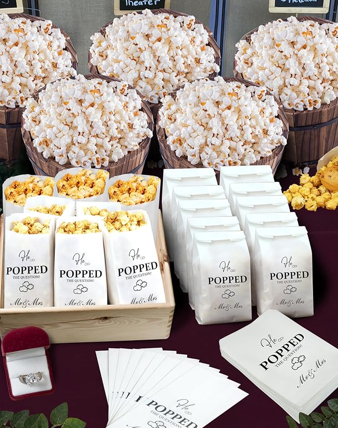 48pcs He Popped the Question Popcorn Bags - Engagement, Bridal Shower, Wedding Party Favors - Grease Resistant