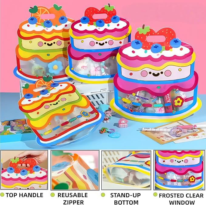 PABCK 20 Pack Clear Plastic Gift Bags Cartoon Goodie Bags 10.2x11 inch Candy Snack Cookie Packaging Bag with Handle Resealable Treats Birthday Party Favor Reusable Stand Up (10 Pink + 10 Orange)