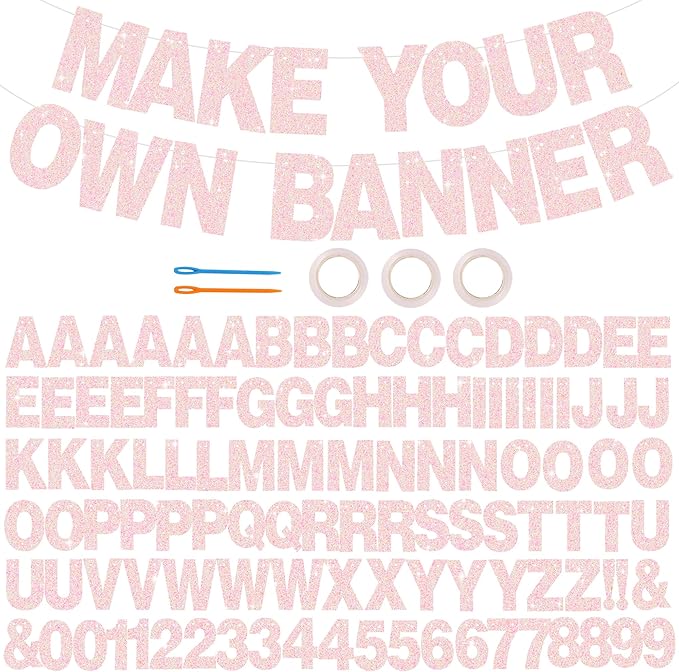 BEISHIDA 116 PCS A-Z DIY Letter Banner Kit Make Your Own Banner Glitter Light Pink Including 111 Letters and Numbers 3 Rope and 2 Threading Device,Customized for Birthday Wedding Party Decor