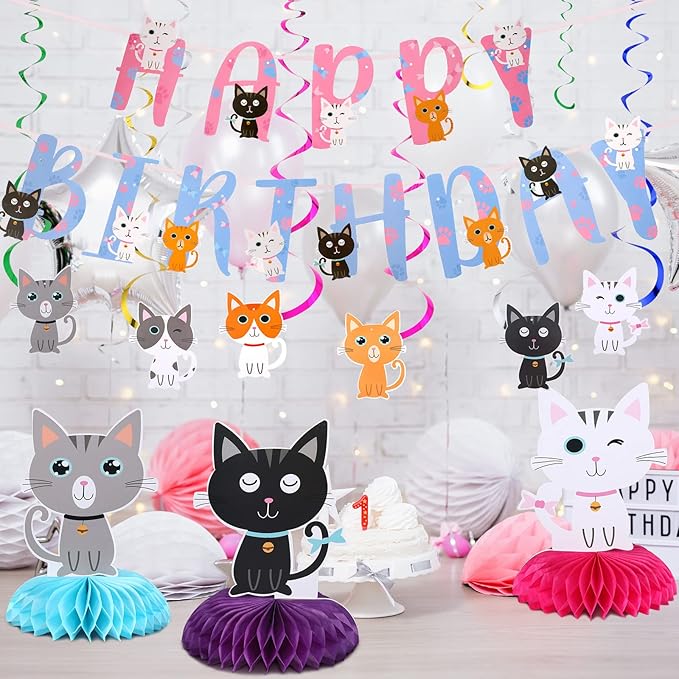 Chinco 16 Pcs Cat Theme Birthday Party Decorations Party Supplies Kit, Includes Cat Party Banner with 6 Hanging Cutouts 6 Hanging Swirl Decor and 3 Birthday Honeycomb Party Decoration(Cool Style)