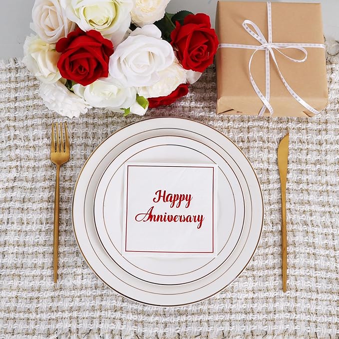 Vuzvuv 50 Pack Red Foil Happy Anniversary Decorations Cocktail Napkins - Wedding Dating Anniversaries Party Dinner Hand Napkin for Party Supplies Decorations Table Decor (5" Folded 2 Ply)