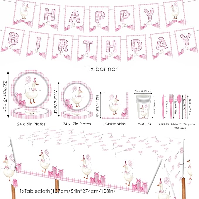 194 Pcs One Silly Goose Birthday Decor for 24 Guests - Pink Theme Party Supplies with Plates Napkins Cutlery Tablecloth and Banner, All-in-One Disposable Party Kit for Girls' Birthday