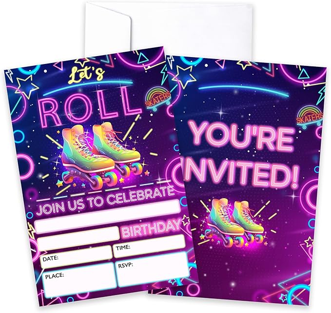 CLIRBE Let's Roll Birthday Party Invitations, Glow Purple Birthday Invitations For Brother Bro Teen Boys Girls, 20 Invites Cards With 20 Envelopes, Party Supplies Favors -H06