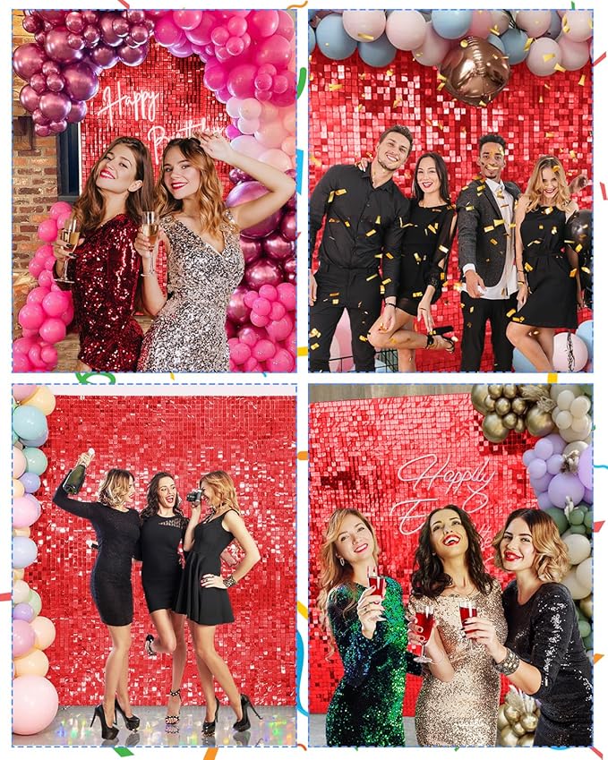 Red Shimmer Wall Backdrop 24 Panels Cover 6 x 4 Ft, Photo Backdrops for Wedding,Anniversary,Birthday,Party Decoration
