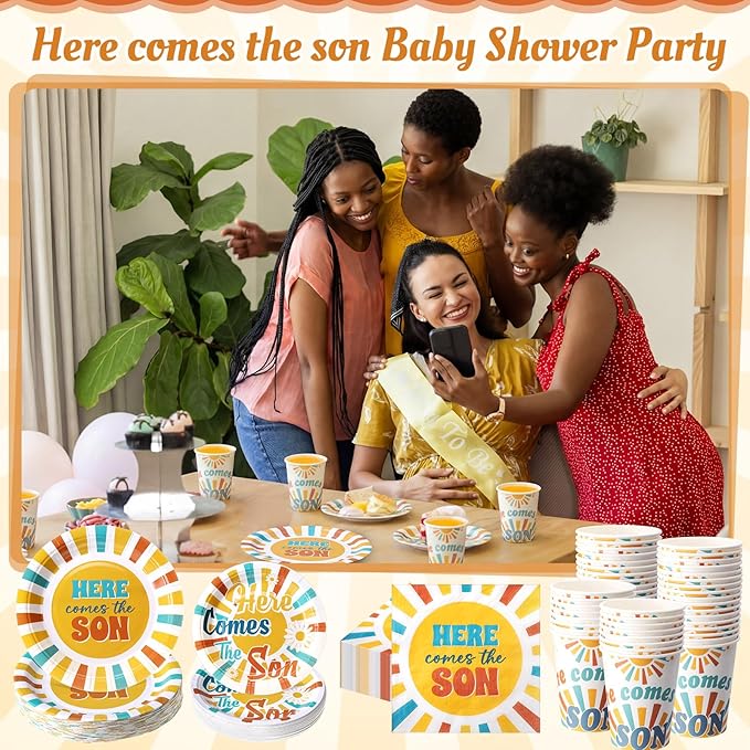 250 Pcs Here Comes The Son Baby Shower Party Decorations Boho Sun Rainbow Disposable Paper Plates Napkins and Cups Tableware Set for Sunshine Boy Baby Shower Party Supplies, Serves 50