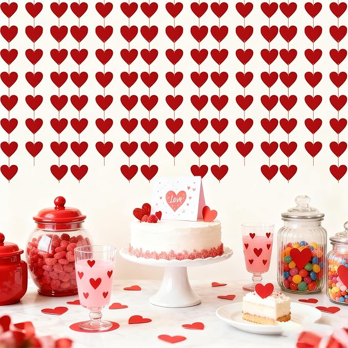OHOME Valentines Day Decorations - 40 Pack Red Felt Heart Hanging Banner Backdrop | Valentines Decor Party Supplies Favors for Wall Home Office - Galentines Day Decorations for School Classroom Outdoor Indoor