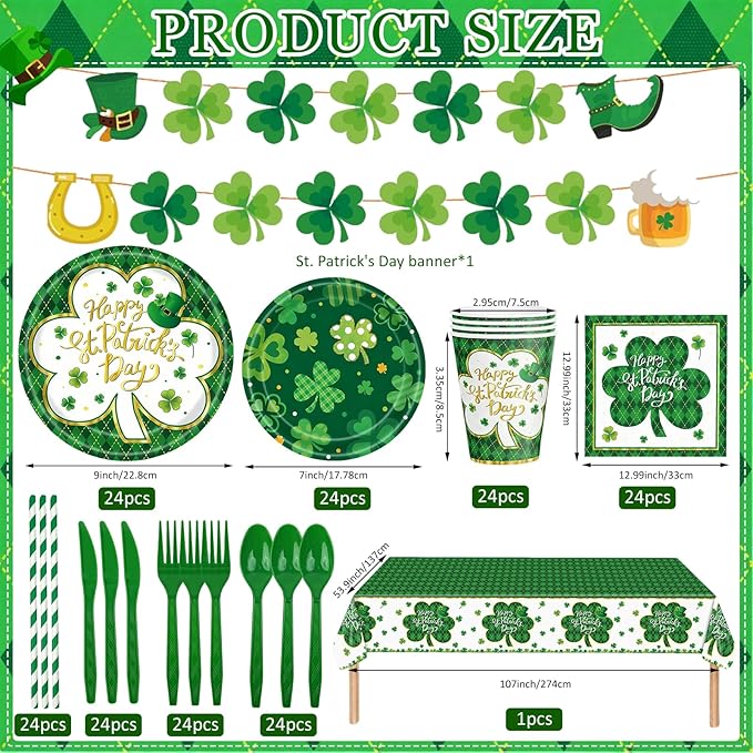 194 Pcs St Patricks Day Paper Plates & Napkins,Green Shamrock Paper Plates St Patricks Dinnerware Disposable Including Cup Straw Plastic Cutlery Banner Tablecloth for Saints Day Party Supplies