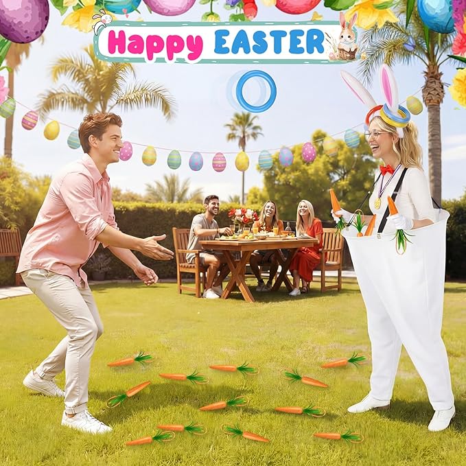 Vinsot 16 Pcs Easter Granny Pants Yard Game Set Oversized Granny Pants with Colorful Easter Eggs, Bowtie, Bunny Ears and Tail, Outdoor Tossing Game Bunny Suit for Spring
