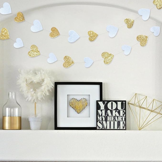 Gold and White Heart Decorations Double Sided Sequin 3D Heart Hanging Wall Art Ornament Garland for Nursery Classroom Bedroom Valentines Day Holiday Christmas Weeding Anniversary Home Wall Decor
