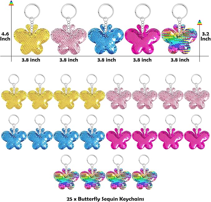 CiciBear 25 Pack Butterfy Sequin Keychains for Butterfy Party Favors, Kids and Adults Birthday Gift, Baby Shower, Party, 5 Colors