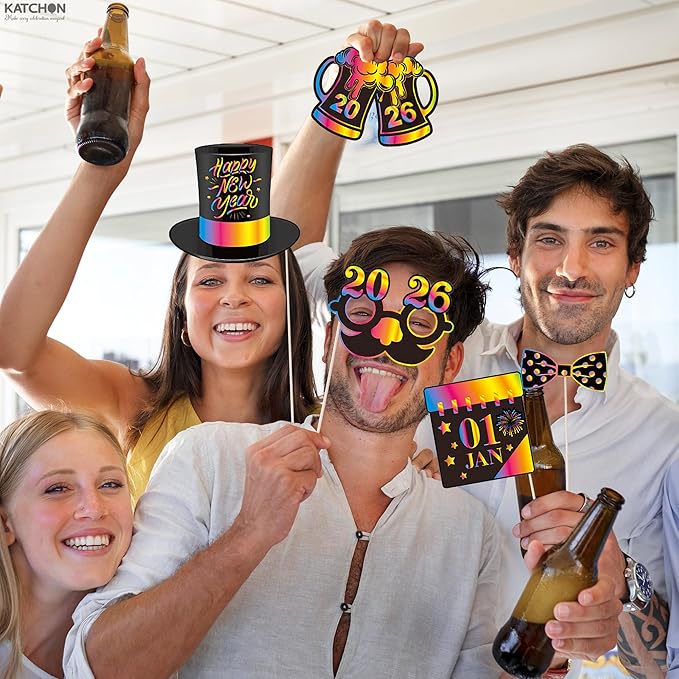 KatchOn, New Years Photo Booth Props 2026 - Pack of 30 | Neon New Years Eve Photo Booth Props for Happy New Years Decorations 2026 | New Years Eve Party Supplies 2026 | NYE Decorations 2026