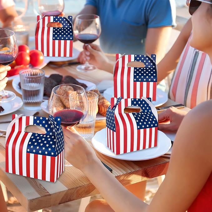 Whaline 12Pcs Patriotic Treat Box with Handle 4th of July American Flag Print Gift Boxes Independence Day Candy Goodie Boxes for Memorial Day Holiday Party Decorations